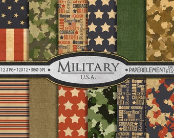 Camouflage Digitales Papier zum Ausdrucken - USA Militär Papier mit Streifen in Rot, Weiß, Blau, 4