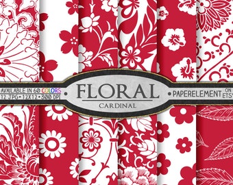 Cardinal Red Floral Digital Paper Patterns Set: Flower Backgrounds, Backdrop Printable Scrapbook Download, Spring Graphic Image Design Print