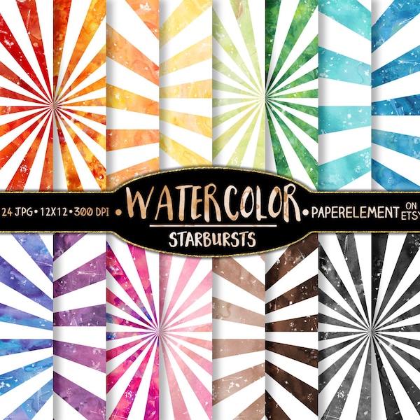 Watercolor Starburst Backgrounds - Starburst Backdrops - Colorful Star Burst Patterns - Digital Water Colour Prints in Red, Orange, Yellow