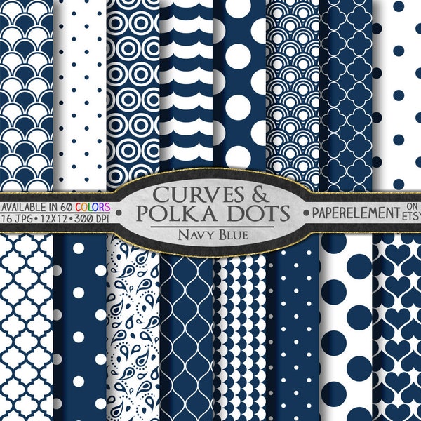 Navy Blue Polka Dot Digital Paper - Printable Navy Blue Geometric Patterns with Navy Polka Dot Scrap Book Backdrop