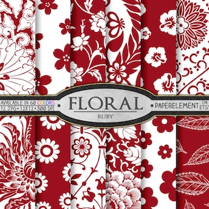 Ruby Crimson Red Floral Digital Paper Patterns Set: Flower Backgrounds, Backdrops Printable Download, Maroon Graphics Images Design Print