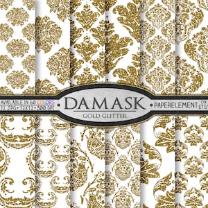 Gold Glitter White Seamless Damask Pattern Digital Paper: Ornate Fabric Prints, Elegant Wedding Anniversary Gift Backgrounds, Backdrops Set