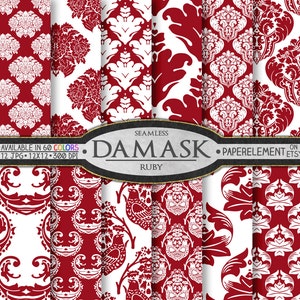 Op de afbeelding: Een set van 12 digitale papierpatronen met een rood en wit damastontwerp. De patronen zijn naadloos en verkrijgbaar in 60 kleuren. De tekst "Naadloze Damast Robijn" is zichtbaar in het midden van de afbeelding.