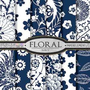May include: Set of 6 digital paper patterns featuring navy blue and white floral designs. The patterns are available in 60 colours and are 12x12 inches at 300 DPI. The text "FLORAL NAVY" is displayed on a dark blue banner.