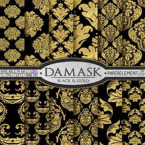 Black and Gold Foil Seamless Damask Pattern Digital Paper: Ornate Fabric Prints, Elegant Wedding Anniversary Gift Backgrounds, Backdrops Set