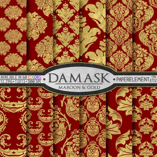 Maroon and Gold Seamless Damask Pattern Digital Paper: Ornate Fabric Prints, Elegant Wedding Anniversary Gift Backgrounds, Backdrops Set