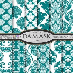 Teal Blue Green Seamless Damask Pattern Digital Paper: Ornate Fabric Prints, Elegant Wedding Anniversary Gift Backgrounds, Backdrops Set