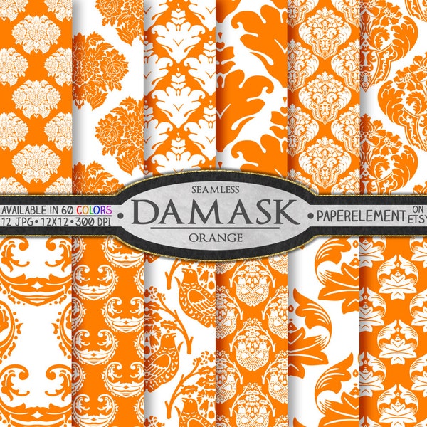 Orange and White Seamless Damask Pattern Digital Paper: Ornate Fabric Prints, Elegant Wedding Anniversary Gift Backgrounds, Backdrops Set