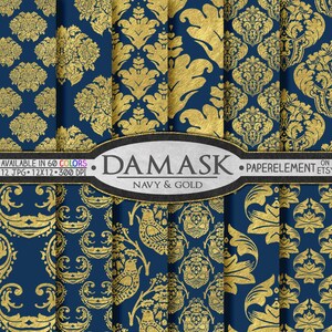 May include: A set of 12 digital paper patterns featuring a navy blue and gold damask design. The text "Damask Navy & Gold" is visible in the center of the image. The text "Available in 60 Colors" is visible in the top left corner of the image. The text "PaperElement Etsy" is visible in the top right corner of the image.