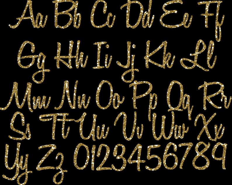 Pode incluir: Letras e n&uacute;meros do alfabeto em glitter dourado sobre um fundo preto. As letras est&atilde;o em uma fonte cursiva.