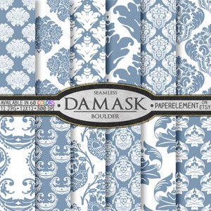 Peut inclure: Un ensemble de 6 motifs de papier numérique avec un motif damassé bleu et blanc. Les motifs sont sans couture et disponibles en 60 couleurs. Le texte "Seamless Damask Boulder PaperElement on Etsy" est affiché sur l'image.