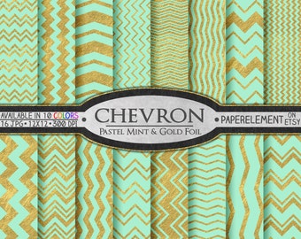 Pastel Mint and Gold Chevron Digital Paper Set: Gold and Mint Chevron Paper, Mint and Gold Chevron Patterns, Chevron Mint Green and Gold