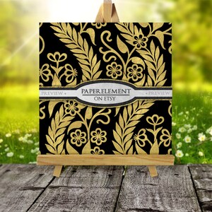 May include: A black and gold digital paper with a floral pattern. The text "PAPER ELEMENT ON ETSY" is on a white banner.