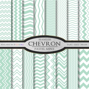 May include: A set of 32 digital paper patterns featuring a seamless chevron design in pastel mint green and white. The text "Seamless Chevron Pastel Mint" is displayed on the image.