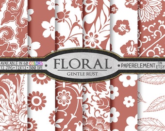 Conjunto de patrones de papel digital florales en suave color rojo óxido: fondos florales, fondos imprimibles para álbumes de recortes, descarga de imágenes gráficas para diseño e impresión.