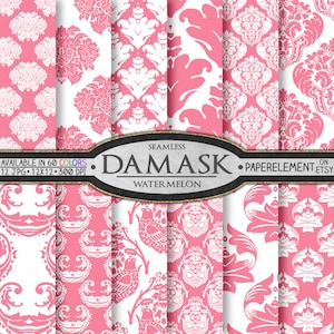 Pode incluir: Um conjunto de 12 papéis digitais com um padrão de damasco rosa e branco. Os papéis são sem costura e estão disponíveis em 60 cores. O texto "Seamless Damask Watermelon PaperElement Etsy" está incluído na imagem.