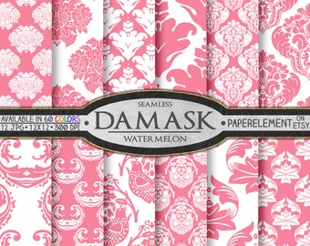 Papel digital de damasco rosa sandía: papel imprimible para álbumes de recortes en color caramelo, rosa chicle claro y fondos femeninos