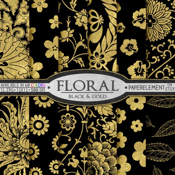 Black and Gold Floral Digital Paper Patterns Set: Flower Backgrounds, Backdrops Printable Scrapbook Download, Graphics Images Design Print