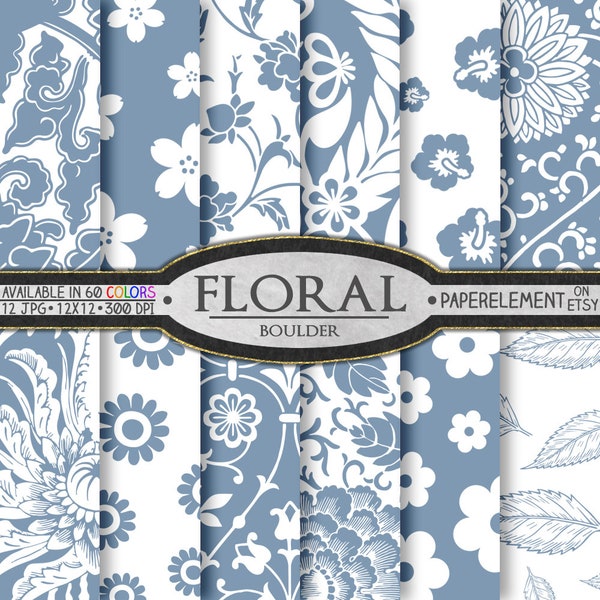 Boulder Blue Floral Digital Paper Pattern Set: Fleurs de fond, Backdrops Printable Scrapbook Télécharger, Spring Graphic Image Design Print