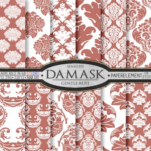 May include: Set of 12 digital paper patterns featuring a damask design in a gentle rust color. The patterns are seamless and available in 60 colors.  The text "Seamless Damask Gentle Rust" is displayed on the image.