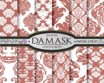 Papel digital con estampado damasco sin costuras en suave color rojo óxido: estampados de tela ornamentados, elegantes fondos para regalos de aniversario de bodas, conjunto de fondos