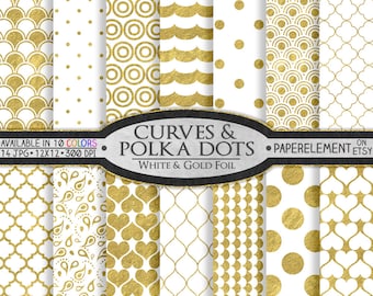 12 x 12 White and Gold Digital Scrapbook Paper: White and Gold Scrapbook Paper, Digital Polka Dot Background, Gold and White Polka Dot Paper