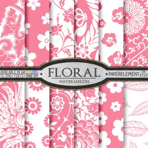 Pode incluir: Um conjunto de 12 designs de papel digital com padrões florais rosa e branco. Os papéis são de 12x12 polegadas e 300 DPI. O texto "Floral Watermelon" é exibido na imagem.