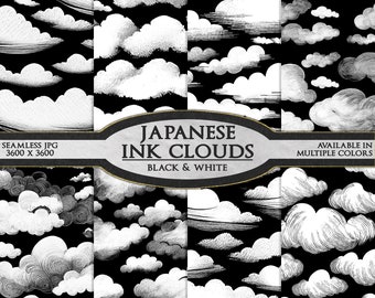 Juego de papeles digitales con nubes en tinta japonesa en blanco y negro: fondos con patrones de cielo sin costuras, ilustraciones tradicionales imprimibles, fondo celestial negro