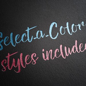 Puede incluir: Texto "Select a Color, Styles Included" en azul y rosa sobre fondo negro.