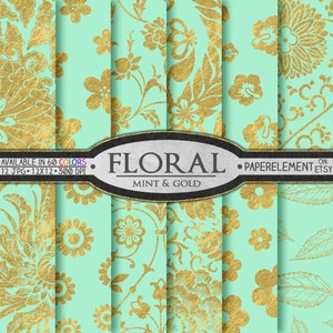 Mint and Gold Floral Digital Paper Patterns Set: Flower Backgrounds, Backdrops Printable Scrapbook Download, Graphics Images Design Print