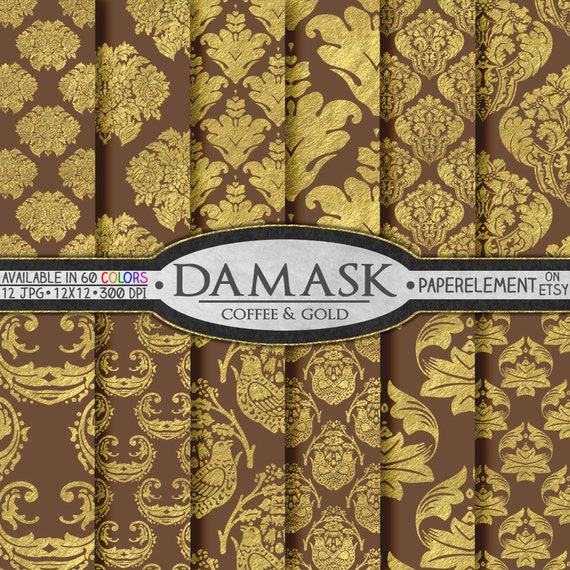 Coffee Brown Gold Damask Scrapbook Paper Pack: Intricate Ornamental Page Designs, Printable Jpg Graphics Image Bundle Download 12x12 Wedding