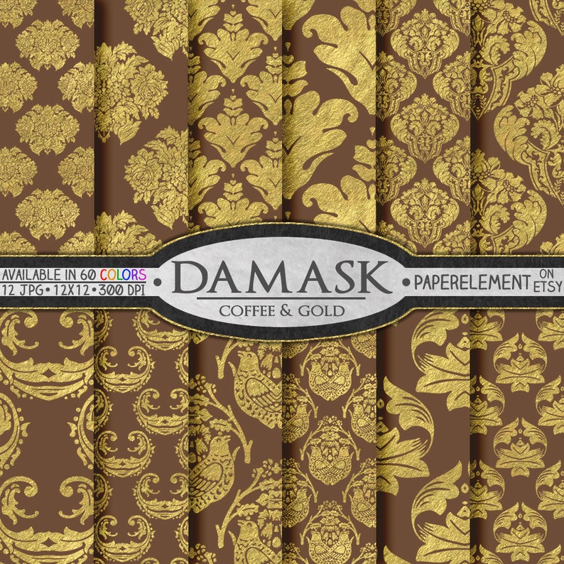 Puede incluir: Un conjunto de 12 patrones de papel digital con un dise&ntilde;o de damasco dorado sobre un fondo marr&oacute;n. El texto "DAMASK COFFEE & GOLD" se muestra en la imagen.  AVAILABLE IN 60 COLORS 12 JPG 12X12 300 DPI &bull; PAPERELEMENT ETSY ON