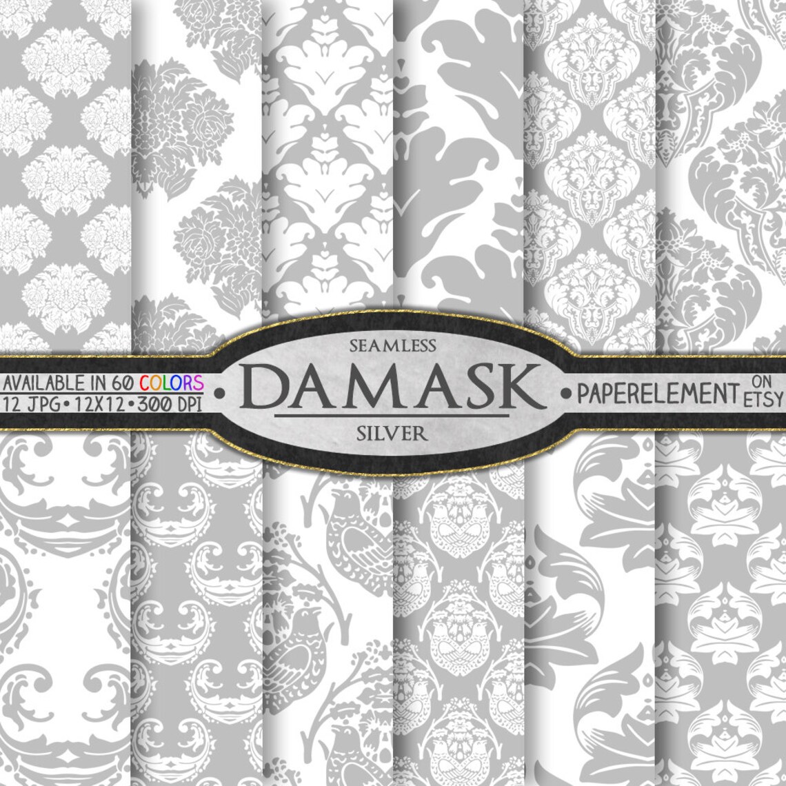 Gray Digital Paper Gray Damask Digital Paper Pack Silver Etsy