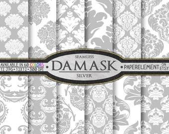 Papel digital con estampado damasco gris plateado sin costuras: estampados de tela ornamentados, elegantes fondos para regalos de aniversario de bodas, conjunto de fondos