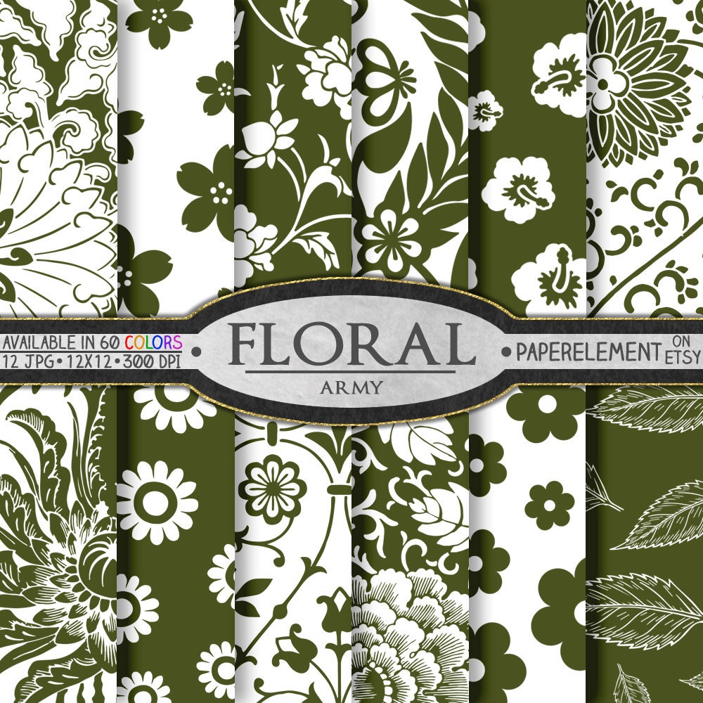 Army Green Floral Digital Paper Pack for Scrapbooking Etsy