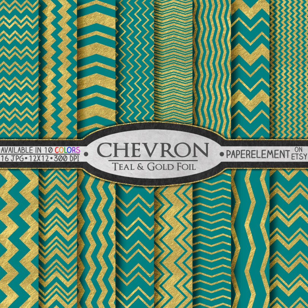Printable Teal and Gold Chevron Digital Paper: Teal and Gold Patterns, Gold and Teal Paper, Gold ...