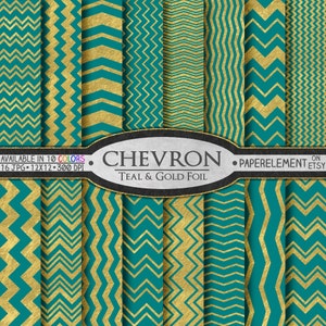 Peut inclure: Un ensemble de 16 motifs de papier numérique avec un motif chevron bleu sarcelle et or. Les motifs sont disponibles en 10 couleurs et mesurent 30,5 cm sur 30,5 cm à 300 DPI.