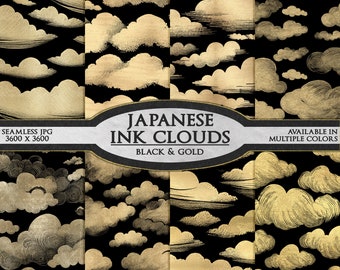 Juego de papeles digitales con nubes en tinta japonesa en negro y dorado: fondos con patrones de cielo sin costuras con láminas metálicas, ilustraciones artísticas imprimibles