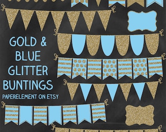 Baby Blue and Gold Banner Clip Art, Ribbon Glitter Banner, Gold Bunting Clipart, Bunting Banner Clipart, Glitter Bunting Clip Art Garland