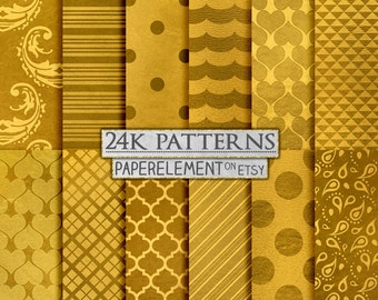 May include: A set of 12 digital paper patterns in gold with various geometric and floral designs. The patterns are labeled "24K Patterns" and "PaperElement on Etsy".