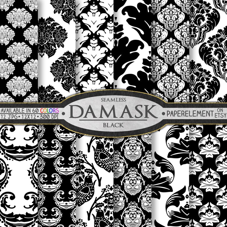 Black Damask Digital Paper Damask Black Damask Paper Black Etsy