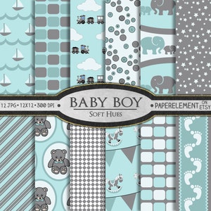Baby Boy Scrapbook Paper: Baby Boy Digital Paper in Soft Hues - Baby Scrapbook Paper Background with Elephants & Trains for Baby Showers