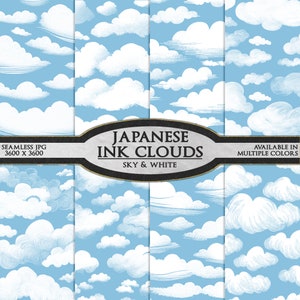 Sky Blue & White Japanese Ink Cloud Digital Paper Set: Seamless Bright Day Sky Pattern Backgrounds, Printable Cloud Art, Doodle Illustration