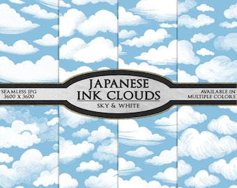 Juego de papel digital con nubes en tinta japonesa en azul cielo y blanco: fondos con patrones de cielo diurno brillante sin costuras, arte de nubes imprimible, ilustración de garabatos