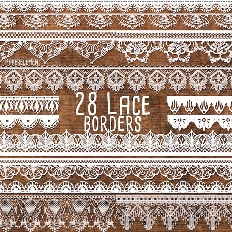 May include: 28 white lace borders on a brown wood background. The text "28 Lace Borders" is in the center of the image.