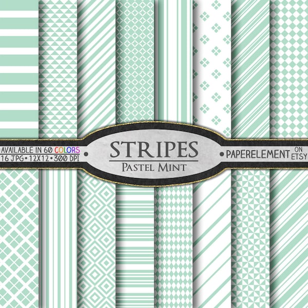 Pastel Mint Green Stripe Scrapbook Paper Pages Set: Seamless Peppermint Candy Pinstripe Printable Backgrounds, Geometric Lines 12x12 Jpg Art