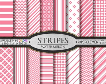 Paquete de papel digital con rayas de color rosa sandía: fino, grueso, horizontal, diagonal, vertical, fondo náutico, impresión gráfica de fondo