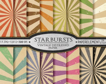 Starburst Digital Paper: Sunburst Digital Paper, Distressed Starburst Patterns, Vintage Starburst Scrapbook Paper, Old Paper Backgrounds