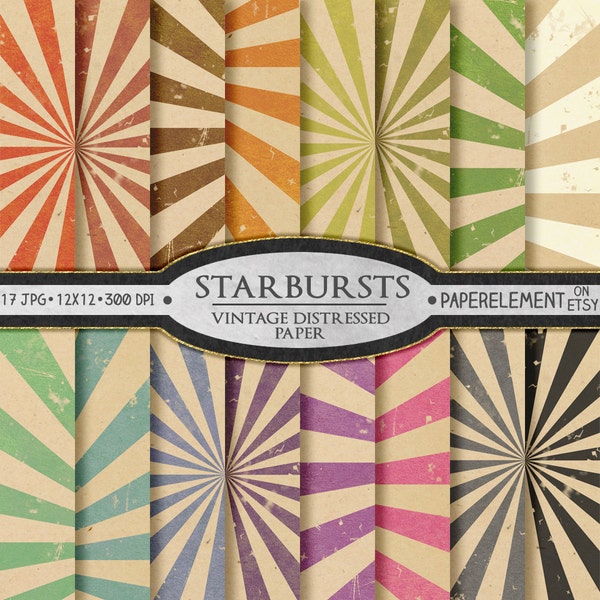 Starburst Digital Paper: Sunburst Digital Paper, Distressed Starburst Patterns, Vintage Starburst Scrapbook Paper, Old Paper Backgrounds