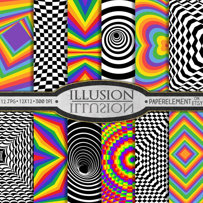 K&ouml;nnte beinhalten: Ein Set mit 12 digitalen Papieren mit optischen T&auml;uschungsmustern in Schwarzwei&szlig; und Regenbogenfarben. Die Papiere sind 12x12 Zoll gro&szlig; und haben eine Aufl&ouml;sung von 300 DPI. Der Text "ILLUSION" ist auf einem schwarz-wei&szlig; gestreiften Hintergrund gedruckt.